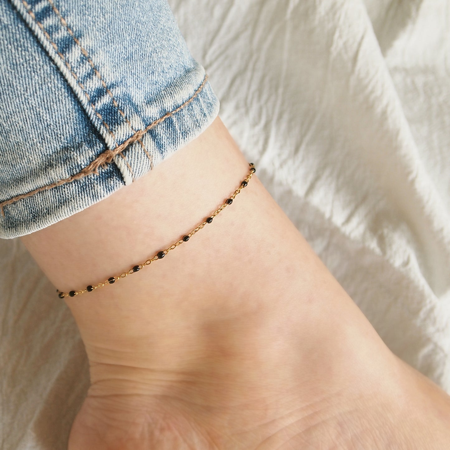 black beaded woman anklet, stainless steel anklet