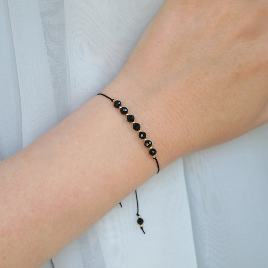 dainty black tourmaline cord bracelet, minimal gemstone jewelry