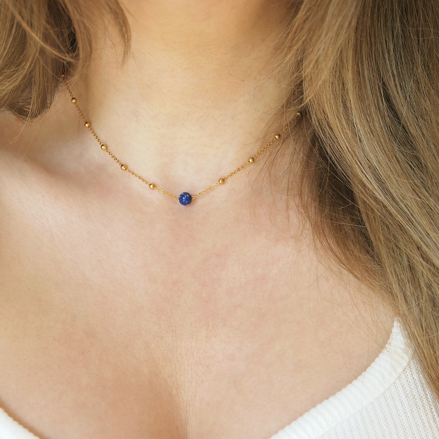 lapis lazuli necklace on beaded chain, dainty woman jewelry