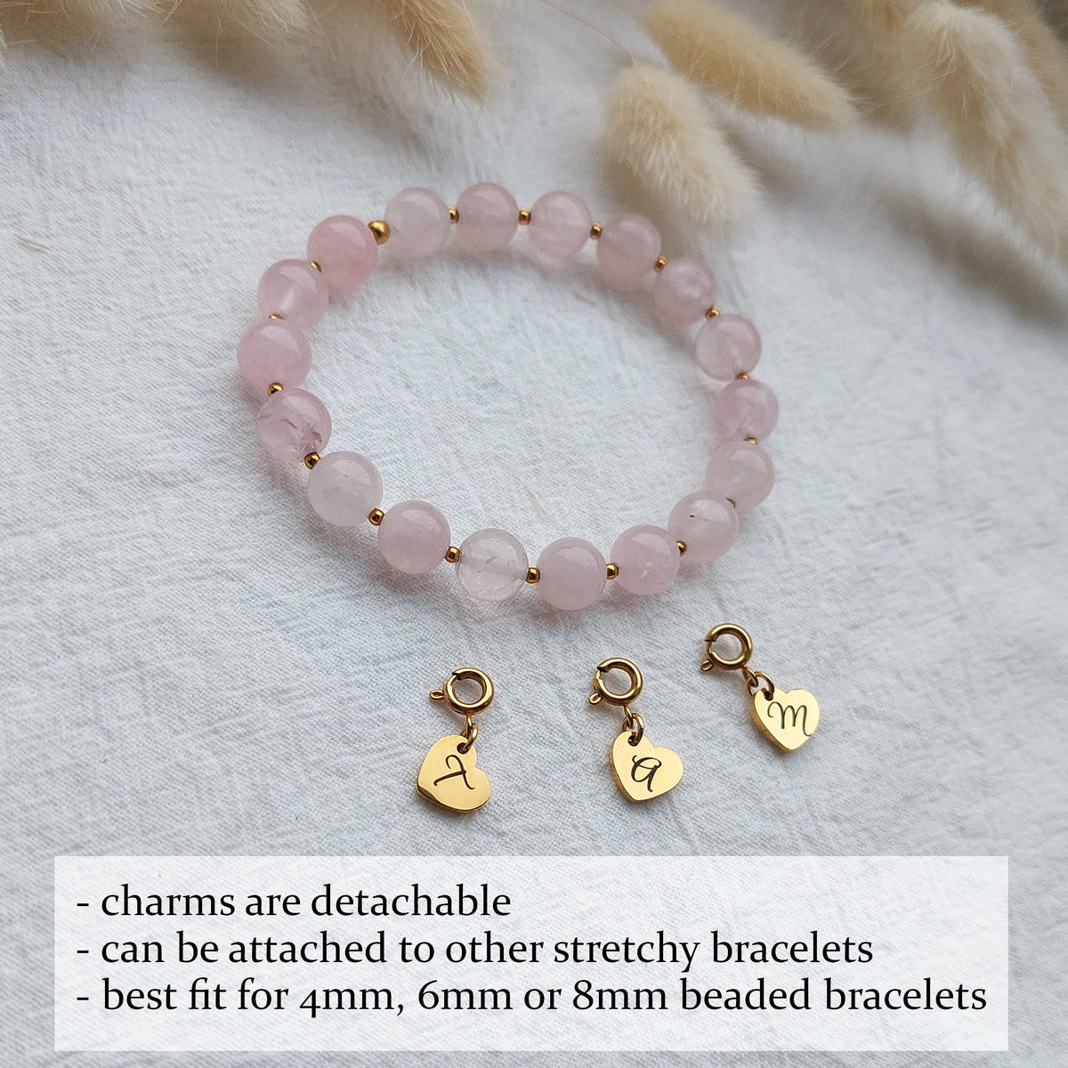 natural rose quartz bracelet with custom engraved initial charms
