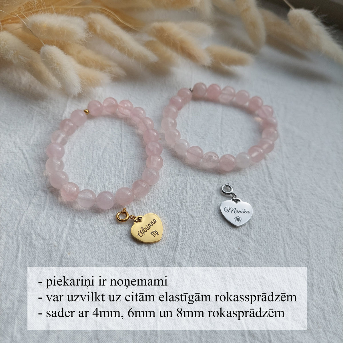 personalizētas rozā kvarca rokassprādzes ar noņemamu piekariņu, gravētas vārdu rokassprādzes, dāvana mammai vai draudzenei