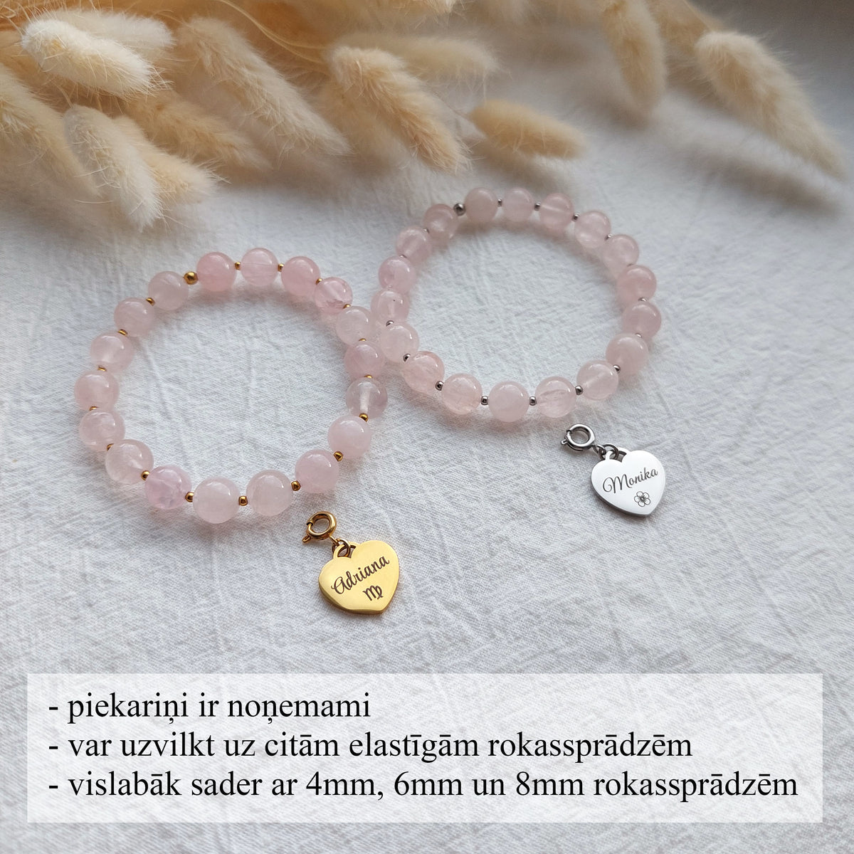 personalizējamas rozā kvarca rokassprādzes ar noņemamu piekariņu, lieliska dāvana mammai vai draudzenei
