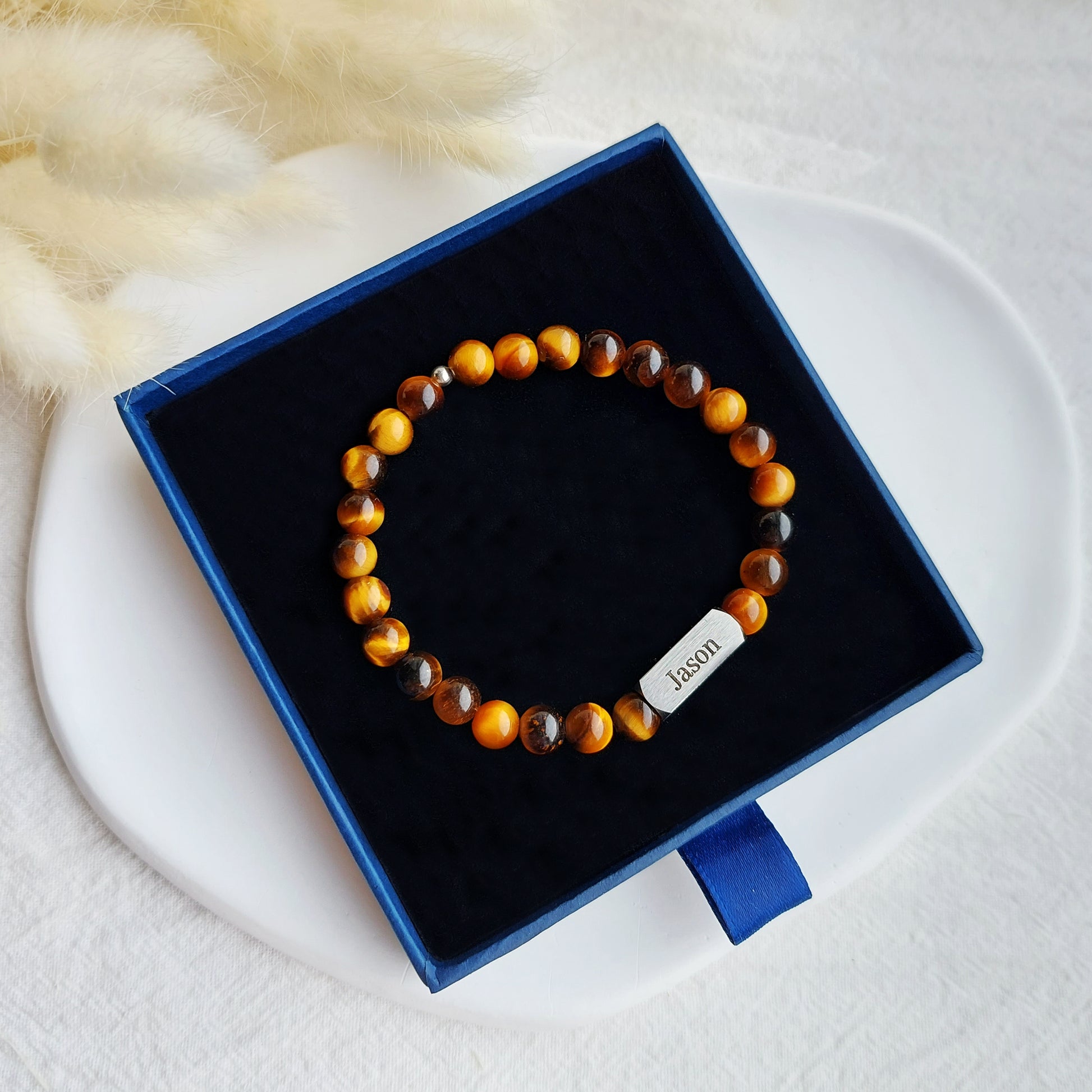 elastīga tīģēracs rokassprādze ar personalizētu gravējumu, dāvana mammai vai tēvam